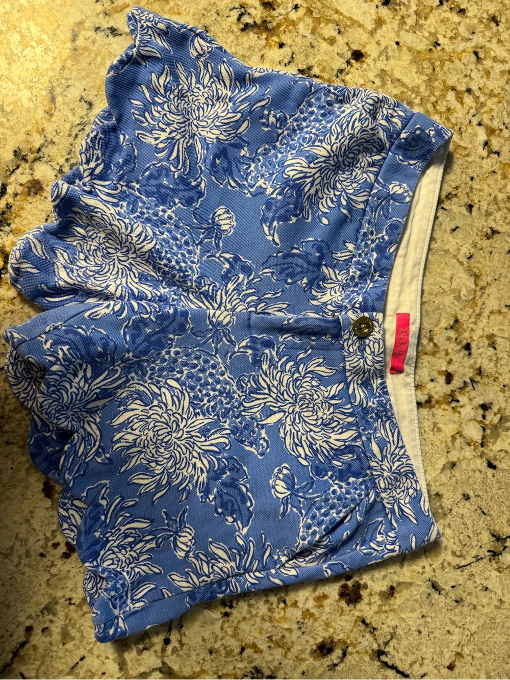 Lilly Pulitzer Blue and White Floral Scalloped High-Waist Shorts